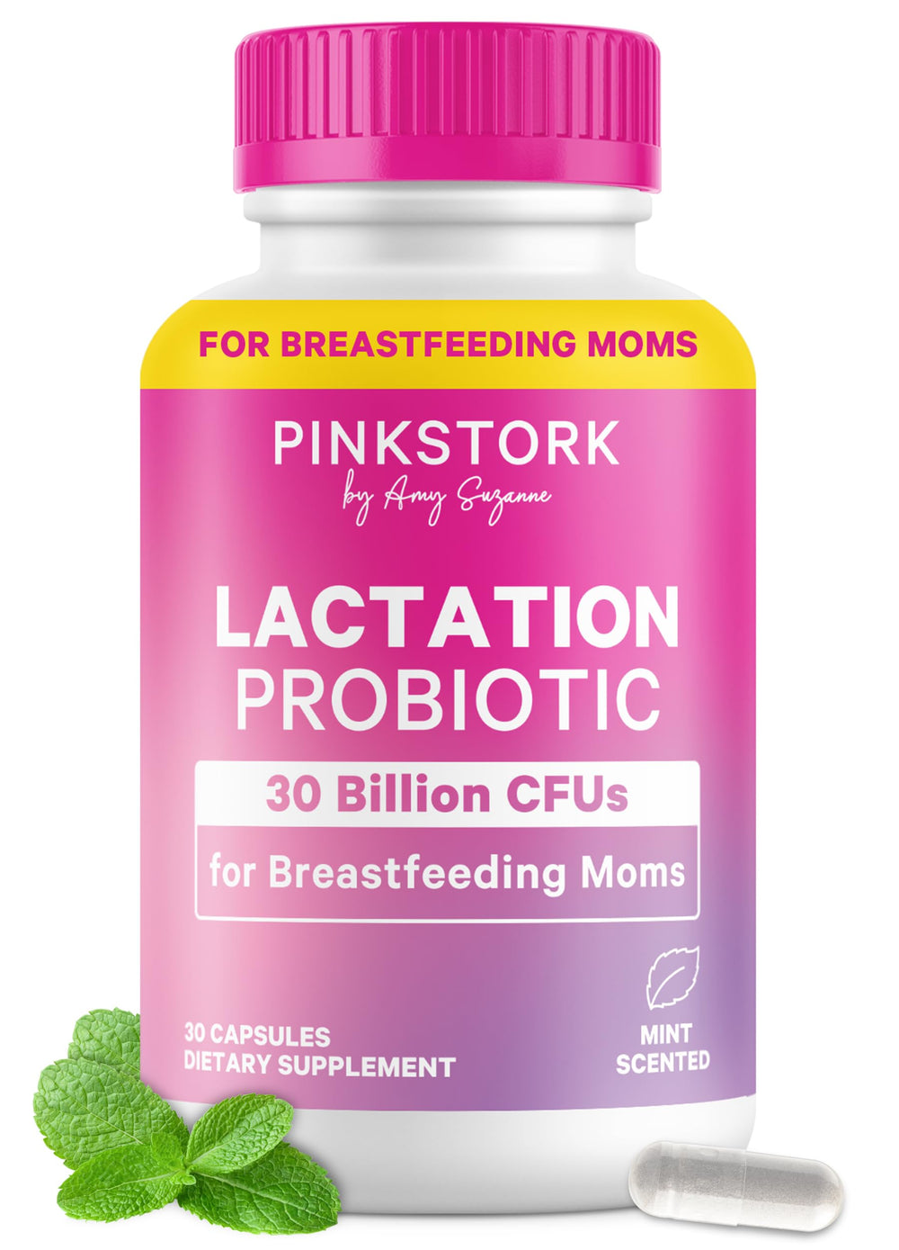 Pink Stork Lactation Probiotic bottle front for nursing moms, highlighting gut support