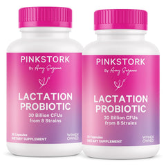 Pink Stork Lactation Probiotic bottle label highlights 30B CFUs for gut health.