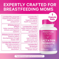 Pink Stork probiotic capsules on shelf emphasize postnatal wellness and convenience.