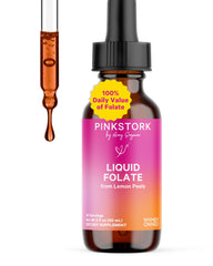 Pink Stork Liquid Folate Drops bottle pour for easy daily dosing.