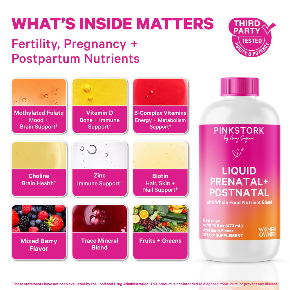 Pour Pink Stork prenatal liquid into a glass for quick digestion