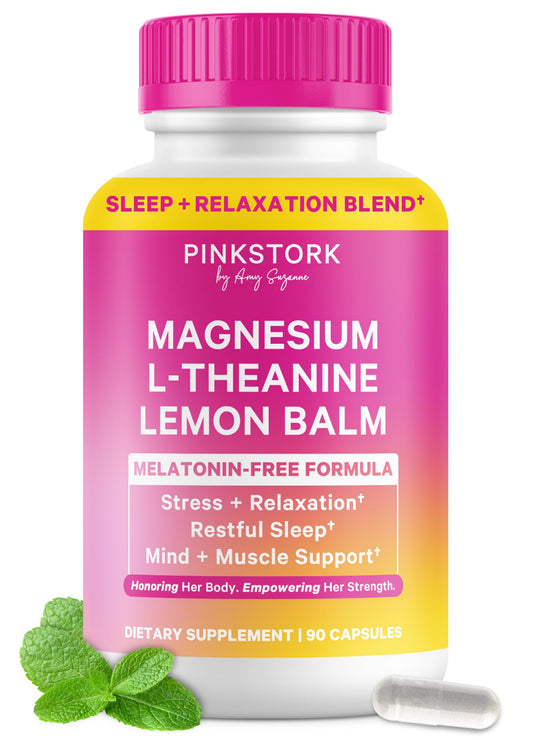 Pink Stork Magnesium Glycinate bottle showing melatonin-free sleep support benefits.