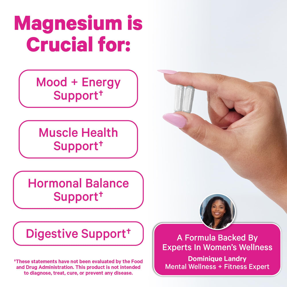 Pink Stork Magnesium Glycinate label highlighting Vitamin D3 for mood support.