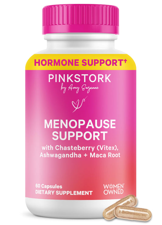 Pink Stork Menopause Support bottle front with plant-based balance concept.
