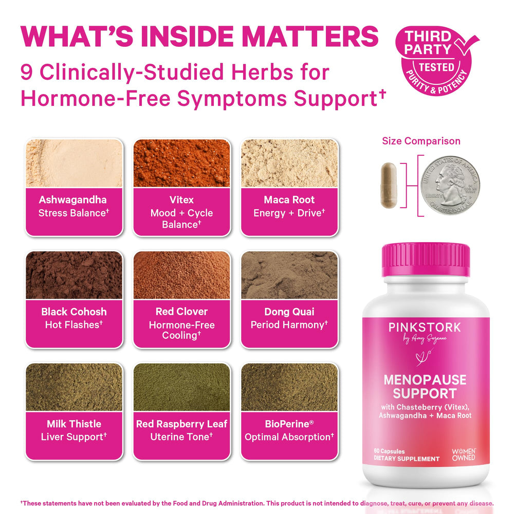 Closeup of Pink Stork Menopause Support capsules highlighting vegan formula.