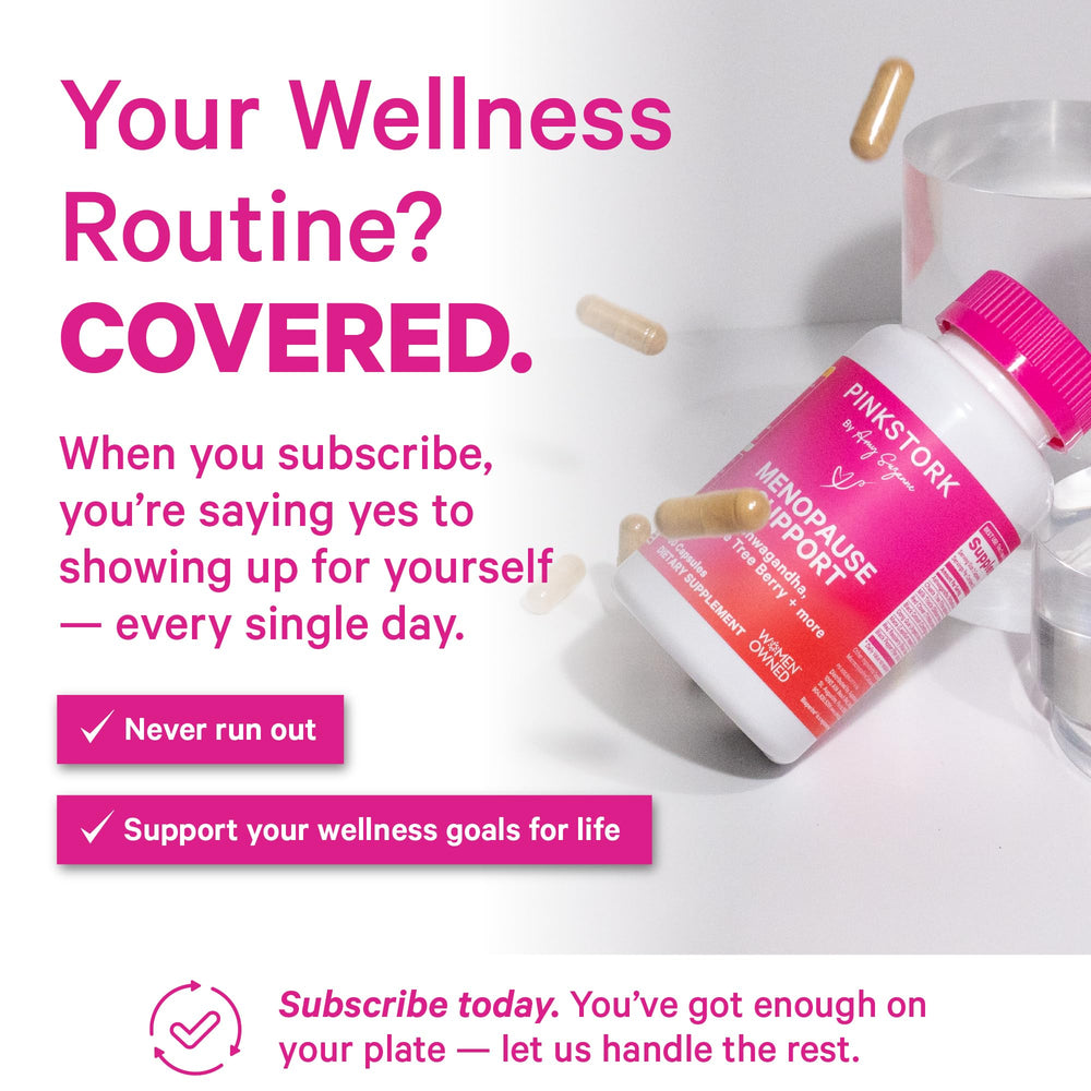 Pink Stork Menopause Support vegan capsules emphasizing plant-based formulation.