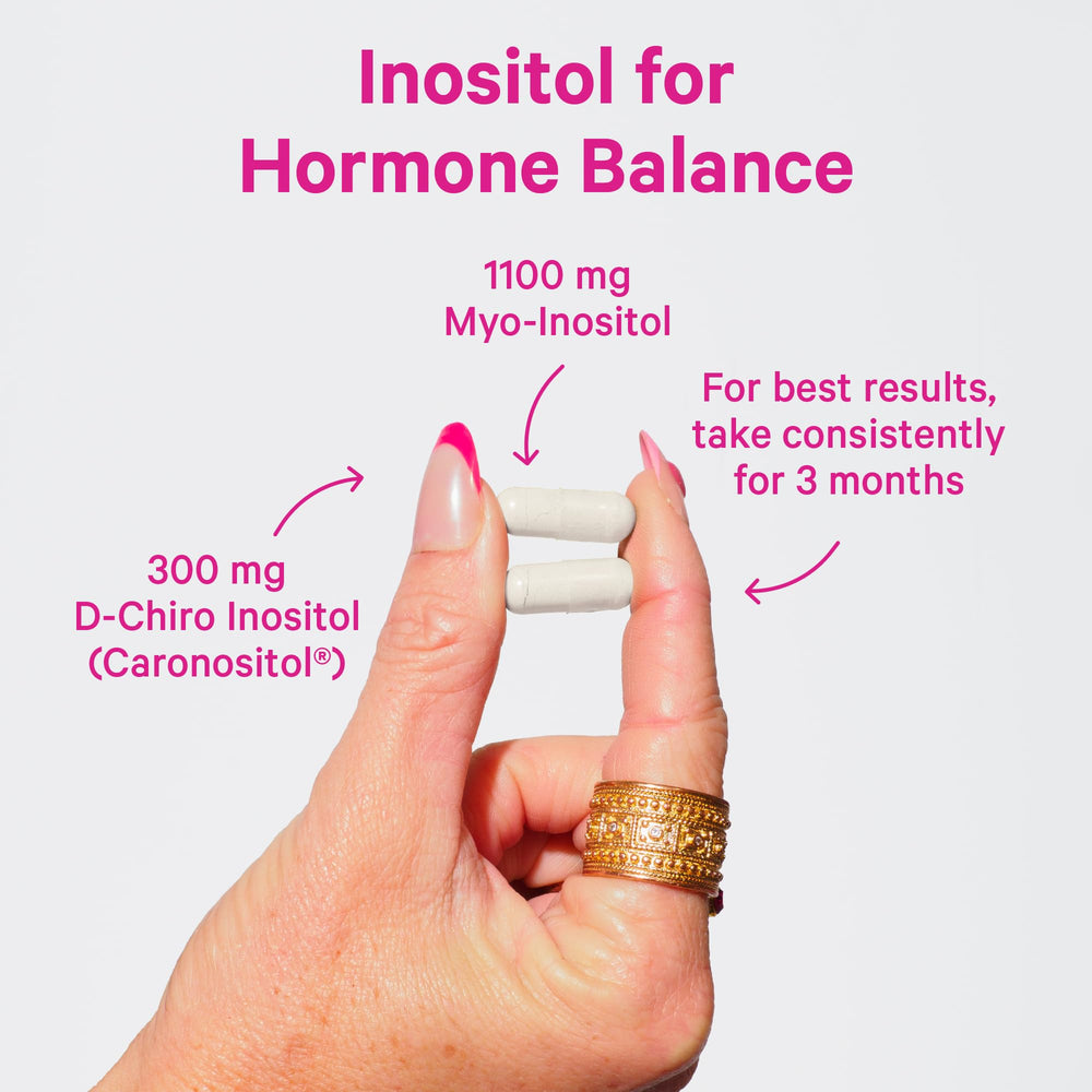 Capsules close-up show the 60-count bottle for hormone balance.