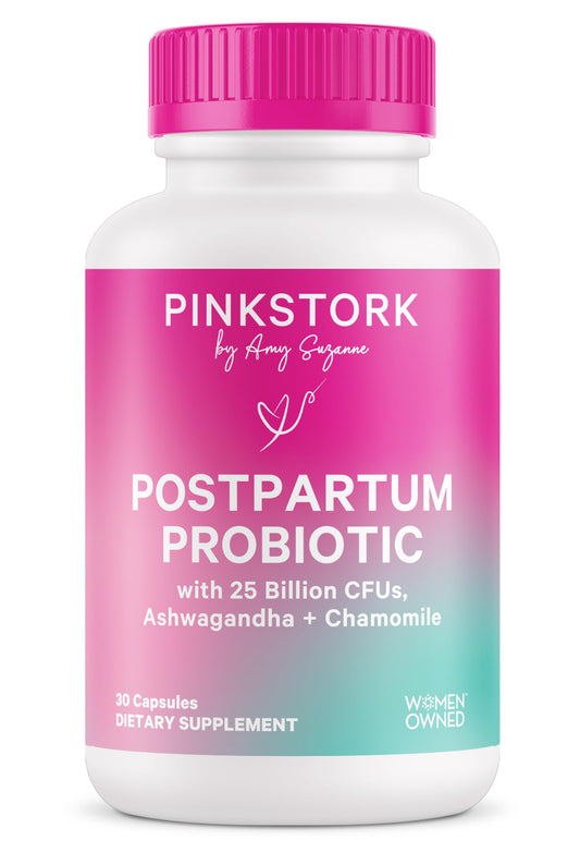 Pink Stork Postnatal Probiotics bottle front showing 11 strains for postpartum gut health