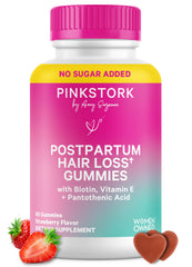 Pink Stork Postpartum Hair Loss Gummies bottle with strawberry flavor for daily nourishment.
