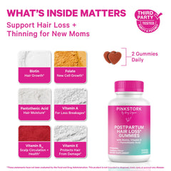 Pink Stork Postpartum Hair Loss Gummies label highlights biotin and B vitamins for scalp support.