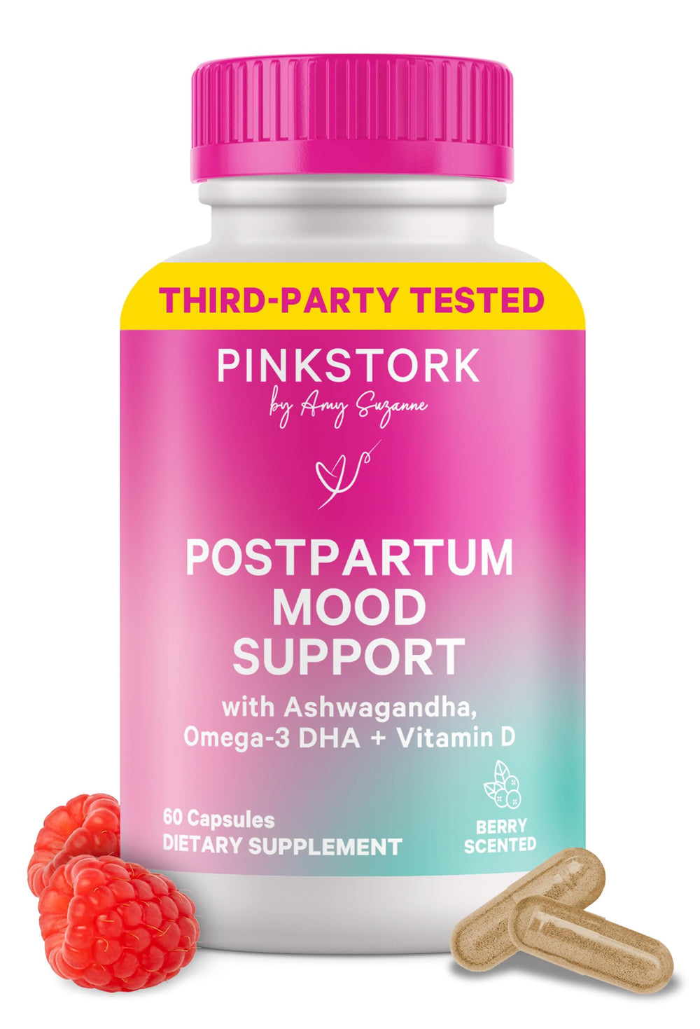 Pink Stork Postpartum Mood Support bottle front for new moms with mood support