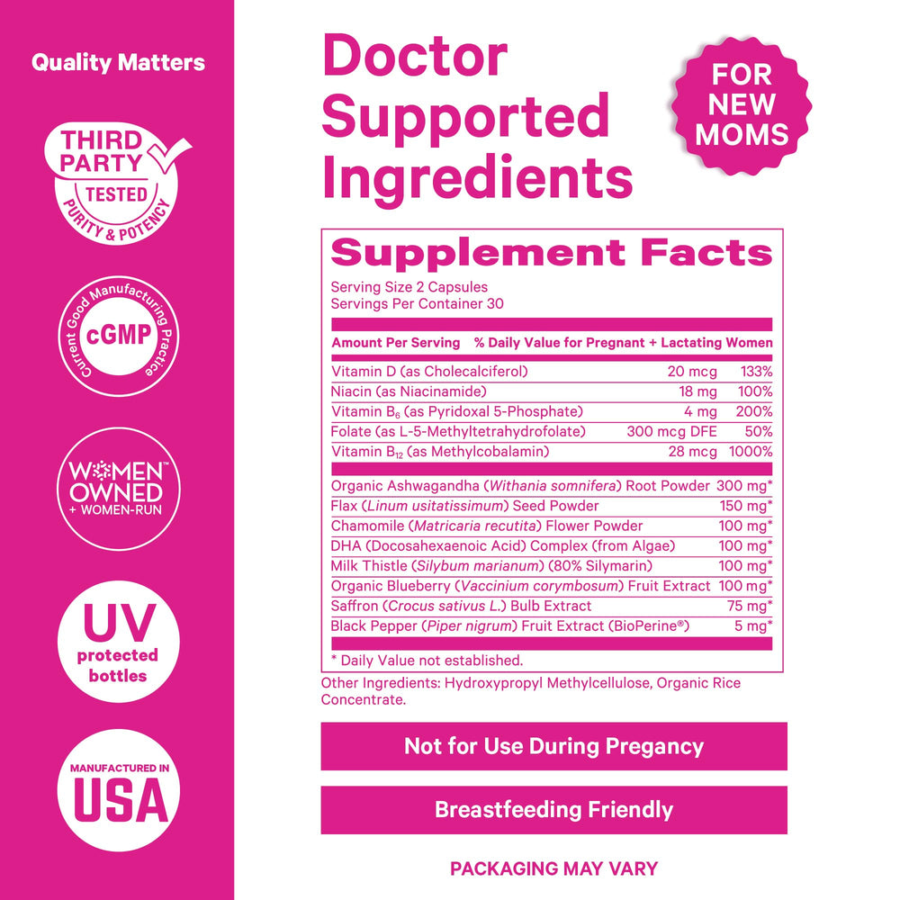 Pink Stork Postpartum Mood Support capsules closeup for easy daily use