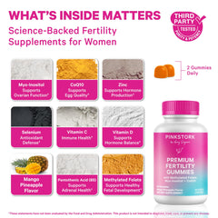 Pink Stork gummies closeup highlights mango pineapple flavor and bite-sized use.