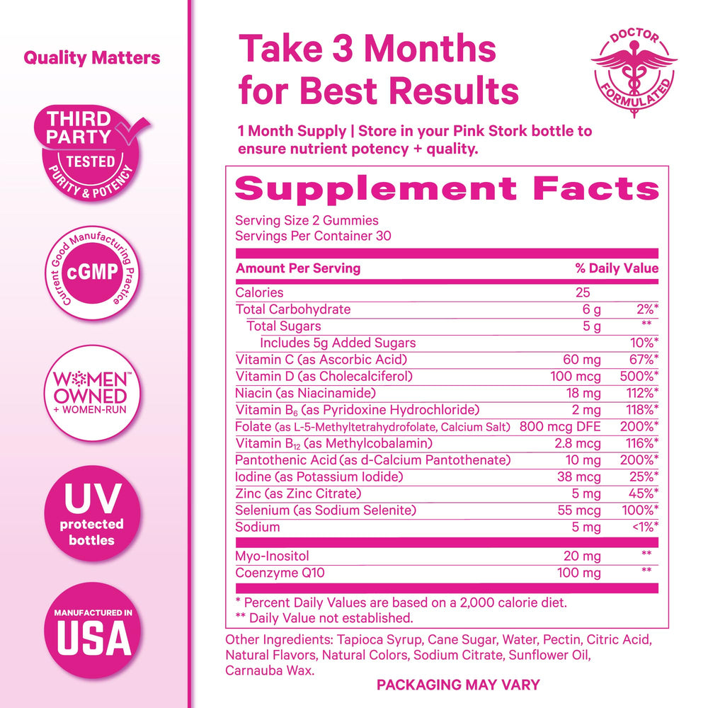Pink Stork daily-dosing shot emphasizing convenience and vegan formula.