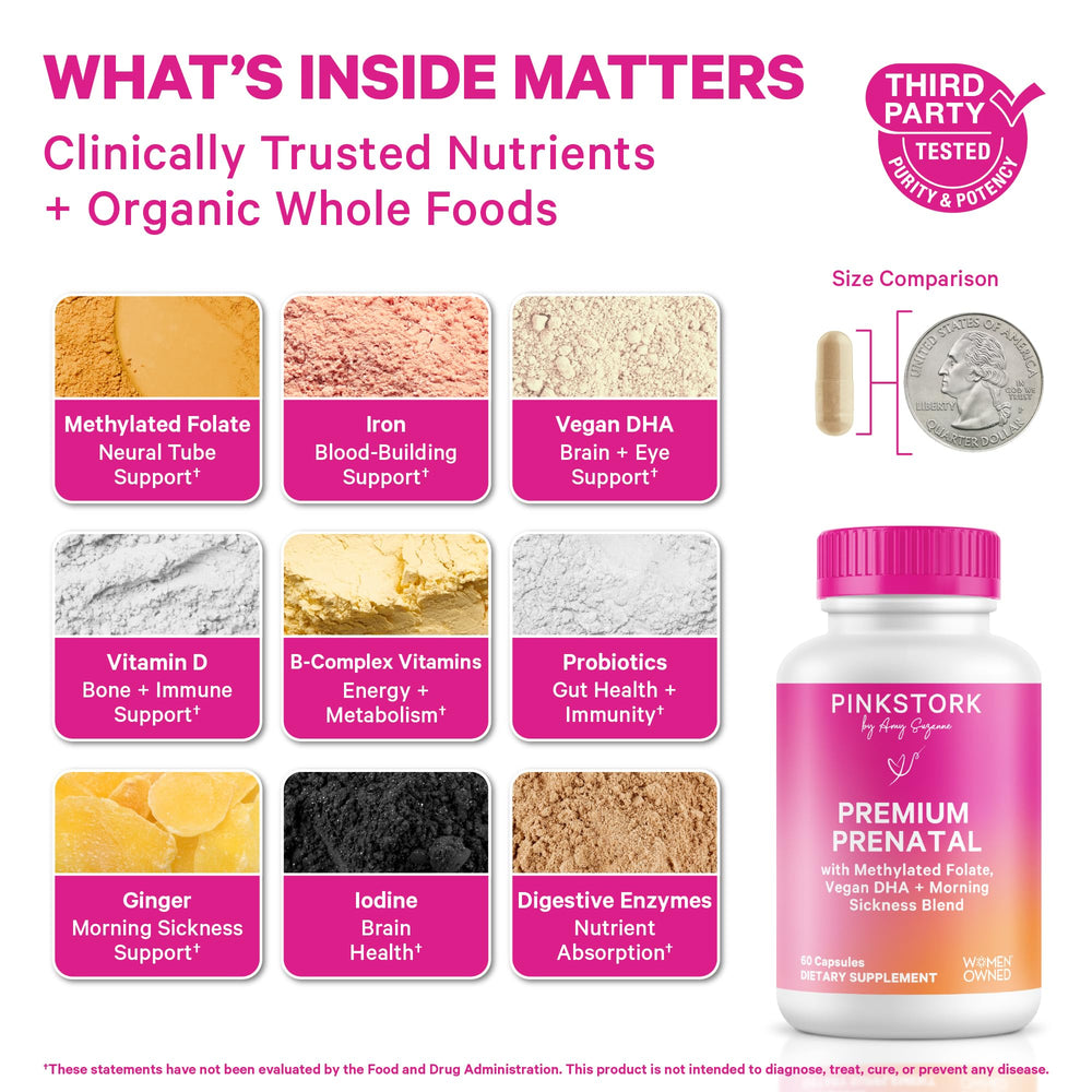 Pink Stork Premium Prenatal capsules close-up, easy-to-swallow for gentle digestion.