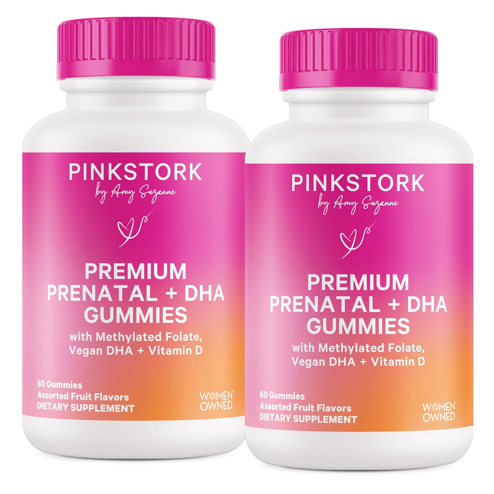 Pink Stork Premium Prenatal Gummies bottle offering easy daily prenatal support.