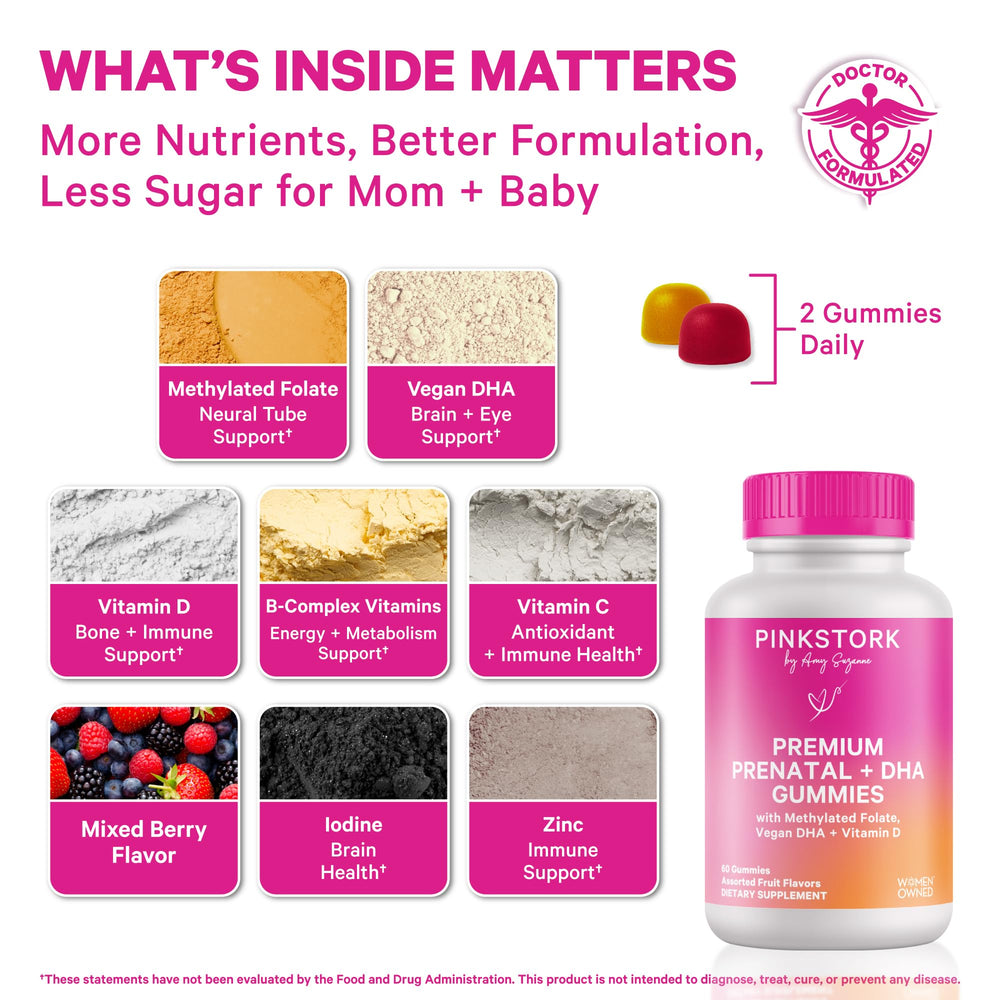 Pink Stork Premium Prenatal Gummies front pack shows two-pack convenience.