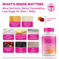 Pink Stork Premium Prenatal Gummies front pack shows two-pack convenience.