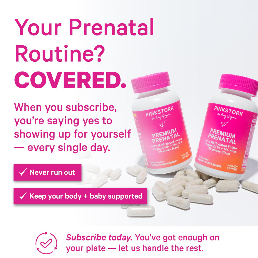 Pink Stork Premium Prenatal methylated folate label focus for neural support.