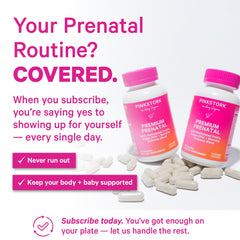 Pink Stork Premium Prenatal methylated folate label focus for neural support.