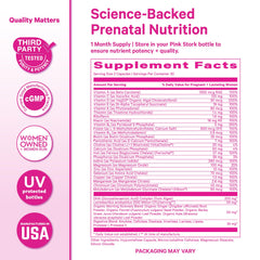 Pink Stork Premium Prenatal probiotic blend showing gut health support.
