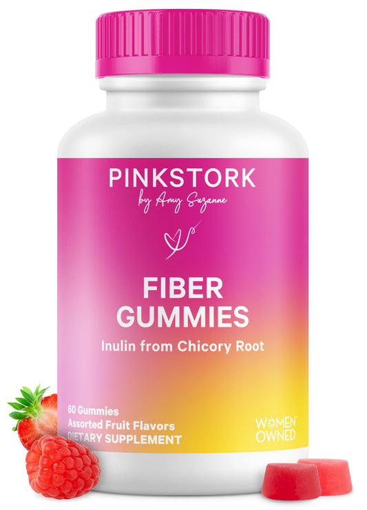Pink Stork Prenatal Fiber Gummies bottle for easy daily gut support.