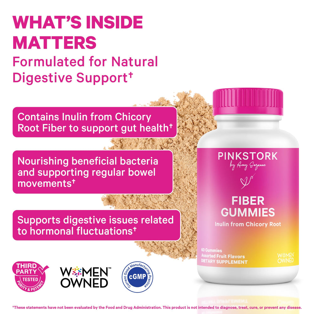 Close-up of Pink Stork gummies highlighting chewable prenatal fiber intake.