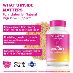 Close-up of Pink Stork gummies highlighting chewable prenatal fiber intake.