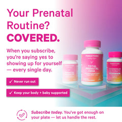 Pink Stork Prenatal Probiotic label highlights seven strains with Vitamin B6 and inulin.