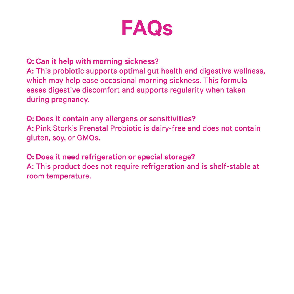 Pink Stork Prenatal Probiotic pairing image suggests routine use.