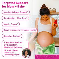 Pink Stork Prenatal Probiotic label highlights Vitamin B6 benefits.