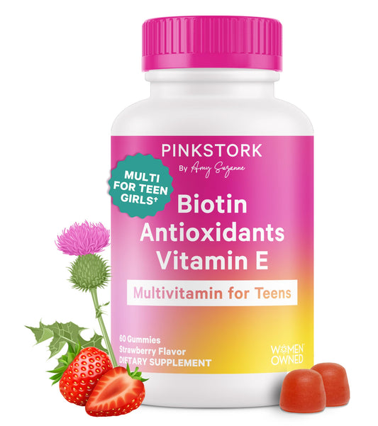 Pink Stork Teens multivitamin bottle close-up highlighting berry gummies for hair and immune support.