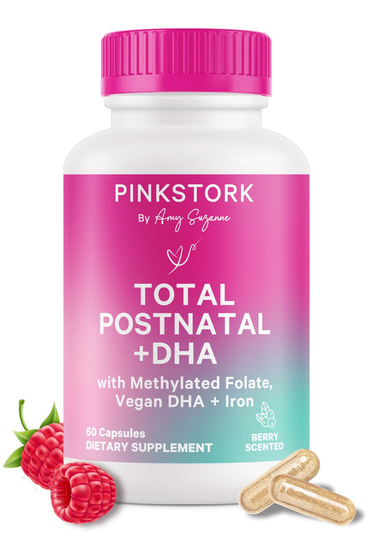 Pink Stork Total Postnatal bottle front with berry aroma and easy-to-swallow capsules.