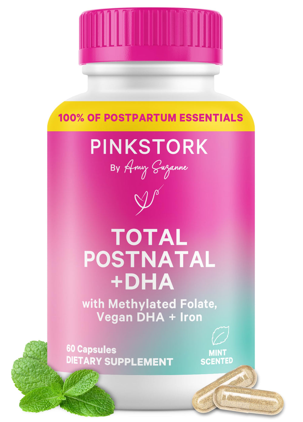 Pink Stork Total Postnatal bottle front view highlighting mint formula for postnatal wellness