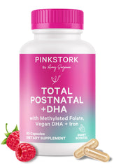 Pink Stork Total Postnatal bottle front with berry aroma and easy-to-swallow capsules.