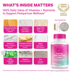 Pink Stork Total Postnatal bottle label close-up showing nutrient-rich postpartum guidance