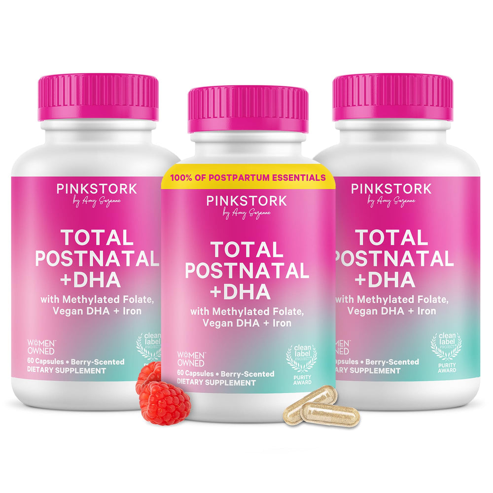 Pink Stork Total Postnatal bottle displaying a postpartum daily vitality routine
