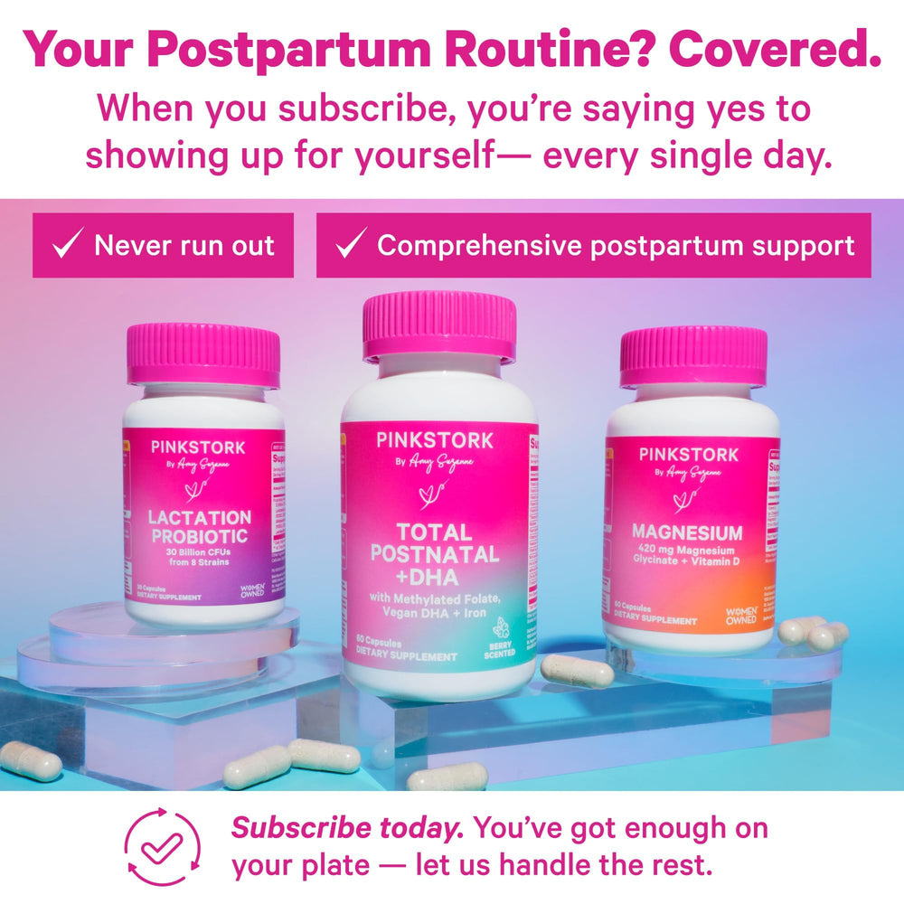 Pink Stork Total Postnatal ingredients chart highlighting vegan omega-3 DHA and iron.