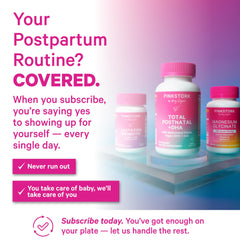 Pink Stork Total Postnatal ingredients graphic featuring DHA, iron, folate, and B vitamins