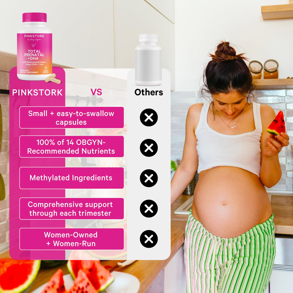 Bottle on a countertop representing daily pregnancy ritual of taking vitamins.