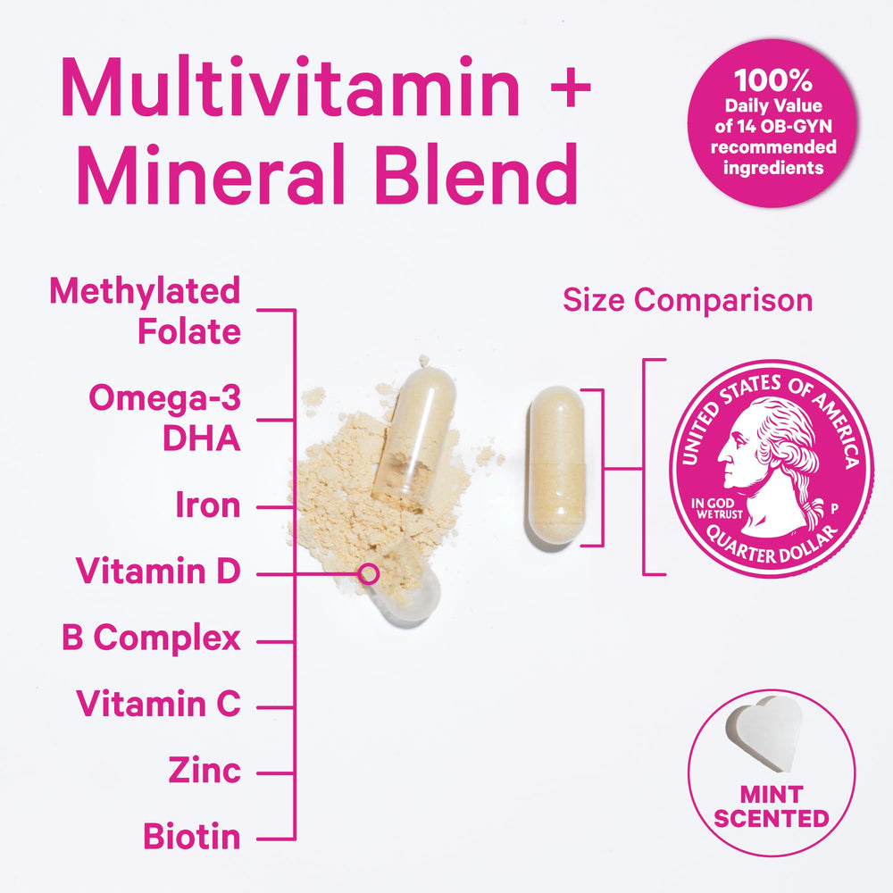 Close-up of Pink Stork prenatal capsules emphasizing gentle-on-stomach formula.