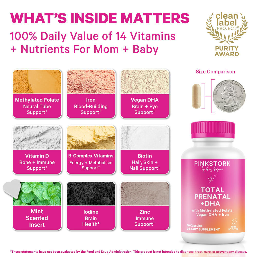 Close-up of Pink Stork Total Prenatal bottle cap and seal