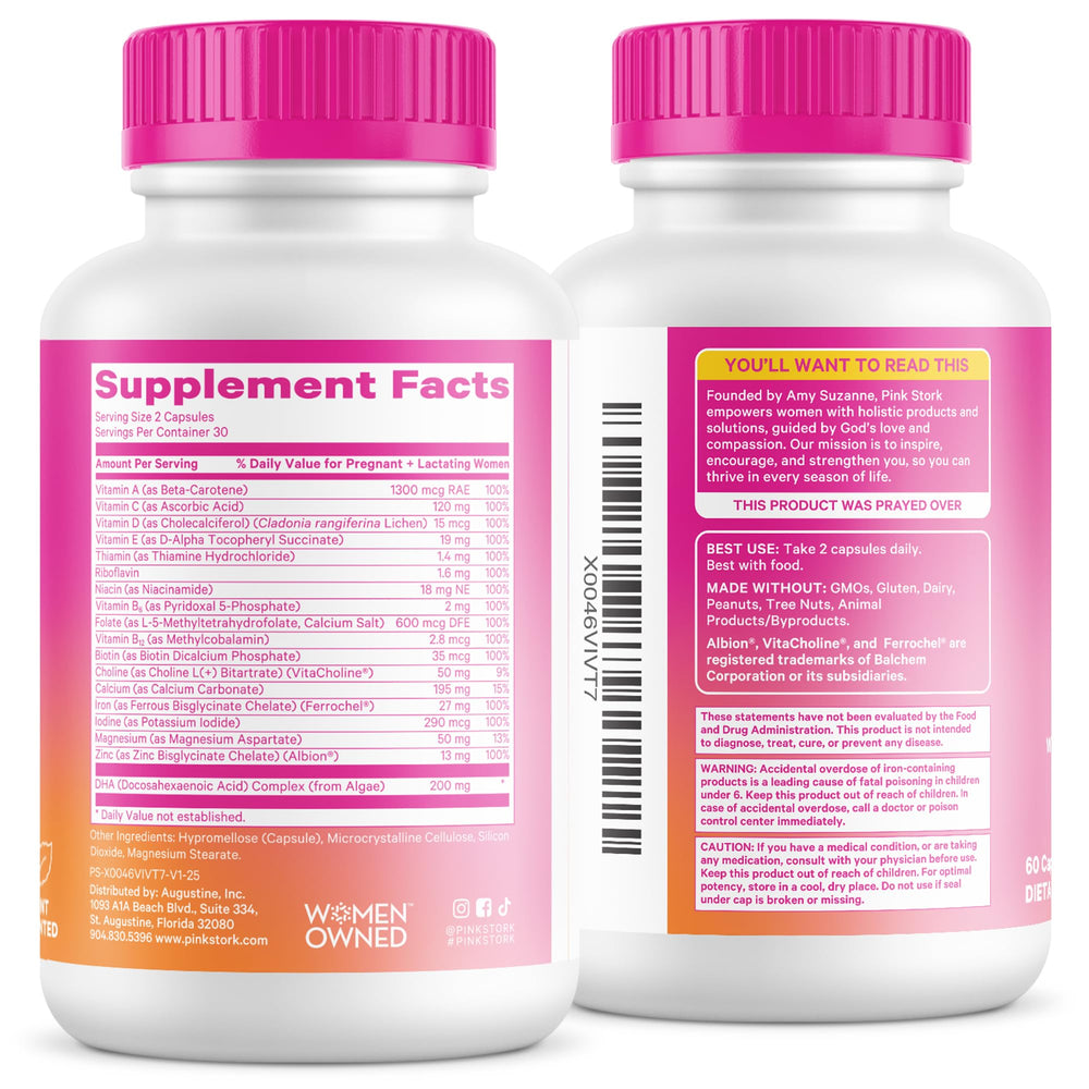 Pink Stork Total Prenatal bottle next to a pregnancy guide