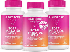Pink Stork Total Prenatal DHA bottle showing a complete prenatal nutrition blend.