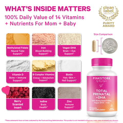 Pink Stork Total Prenatal DHA capsules for easy daily intake during pregnancy.