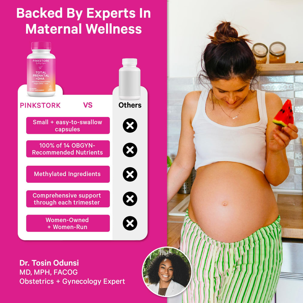 Pink Stork Total Prenatal DHA label closeup showing clean ingredients.