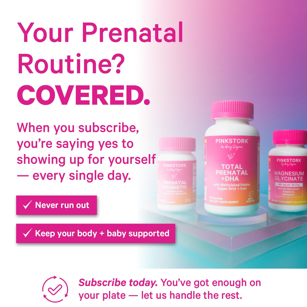 Label close-up showing clean ingredients on Pink Stork Total Prenatal