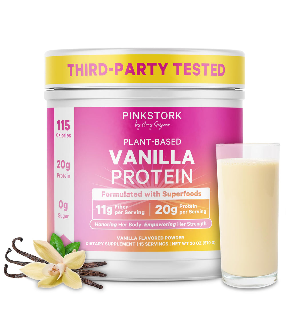 Pink Stork Vanilla Protein Bottle showing 20g plant-based protein for busy days