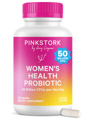 Pink Stork Women’s Probiotic bottle promoting daily gut balance and overall wellness