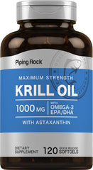 Piping Rock Krill Oil 1000mg bottle for daily omega-3 routine.
